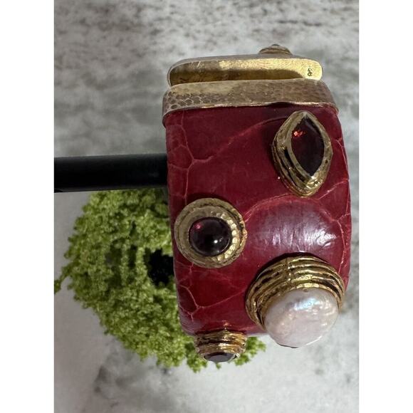 Vintage MCM Sterling Silver Snake Skin Pearl & Rhinestones Cuff Bracelet - Picture 7 of 10